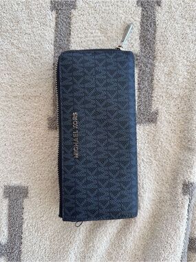 Michael Kors Black Logo-Print Zip Wallet with Gold Hardware